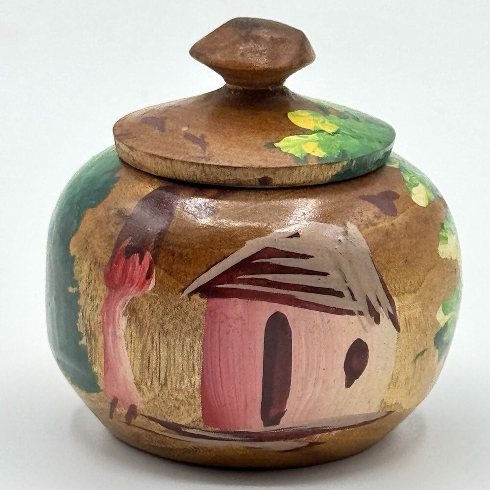 Vintage Hand-Carved Haiti Souvenir Wood Small Colorful Trinket Jar With Lid